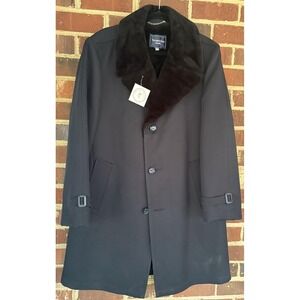 The Mens Shop JCPenney Overcoat Mens 44 Long Black Faux Fur Collar Wool Blend